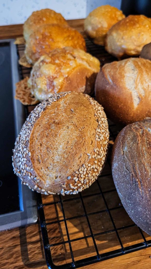 Selbstgebackene Weizenbrötchen mit Saaten und Käse überbacken